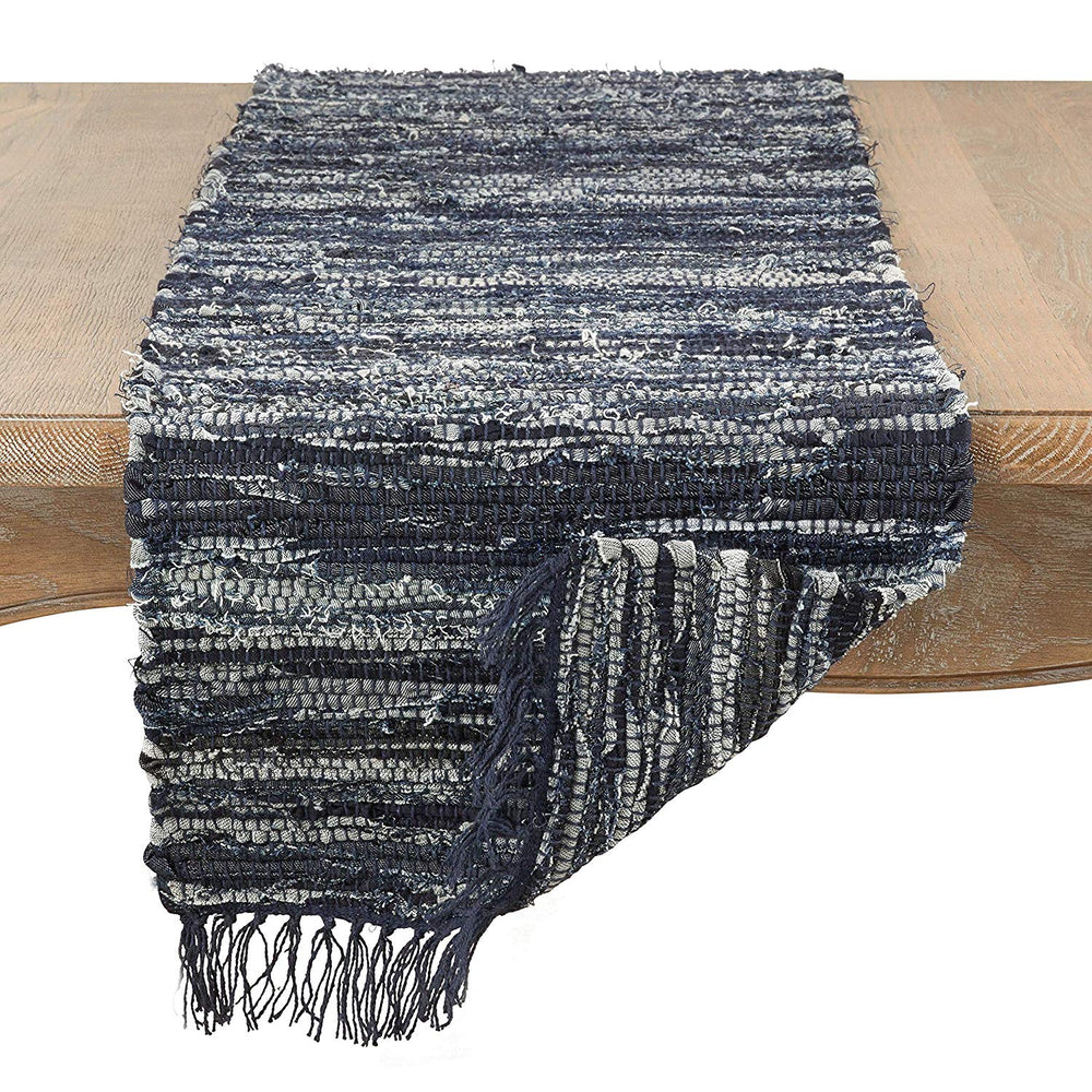 Rag Table Runner Tassels Dark Blue Denim Striped Cotton Rags Fringed Long Chindi Dining Table Runners Cloth Protector Rustic Farmhouse Cottage