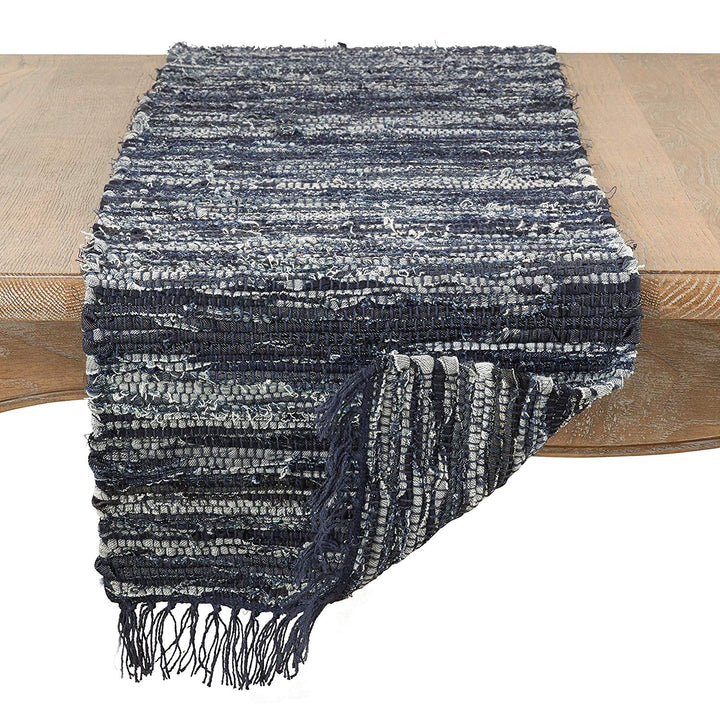 Rag Table Runner Tassels Dark Blue Denim Striped Cotton Rags Fringed Long Chindi Dining Table Runners Cloth Protector Rustic Farmhouse Cottage