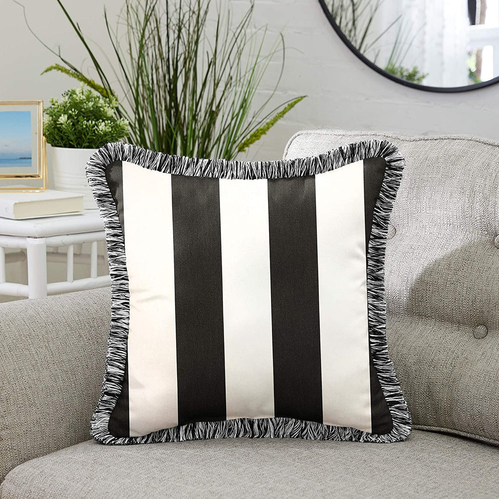 Cabana Classic Indoor/Outdoor Square Pillow Fringe Black White Striped Transitional Fabric Fade Resistant Uv - Diamond Home USA