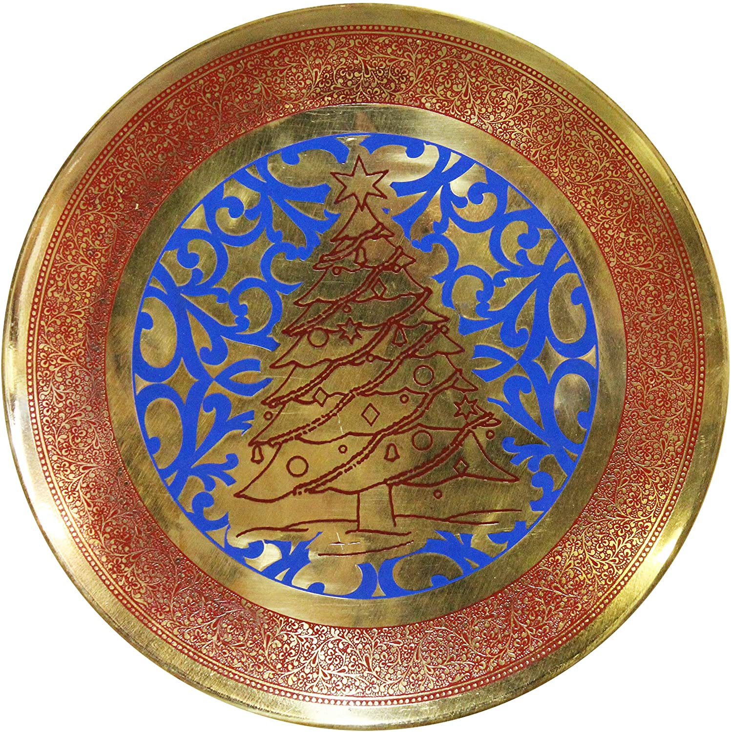 Maroon Christmas Tree Decorative Brass Accent Plate Gold Modern Contemporary Finish Handmade