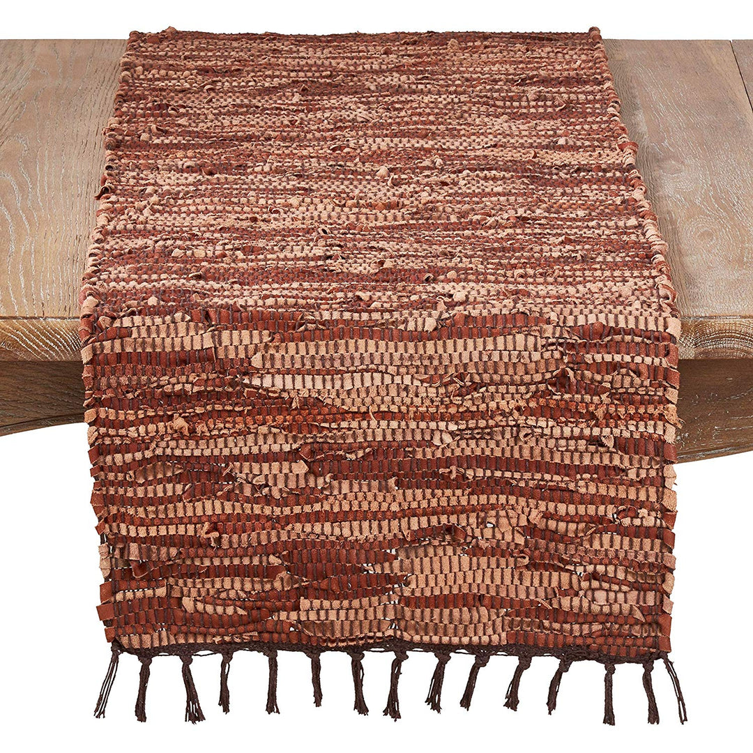 Leather Table Runner Tassels Rust Brown Striped Hide