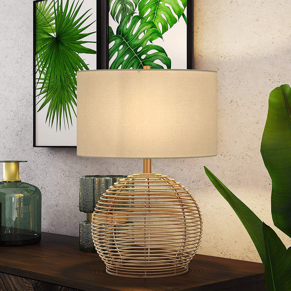 21 5" Rounded Brown Wooden Rattan Lamp Natural Woven Light Bohemian Decor Coastal Beach Nautical Decorative Boho Indoor Lightweight Wood