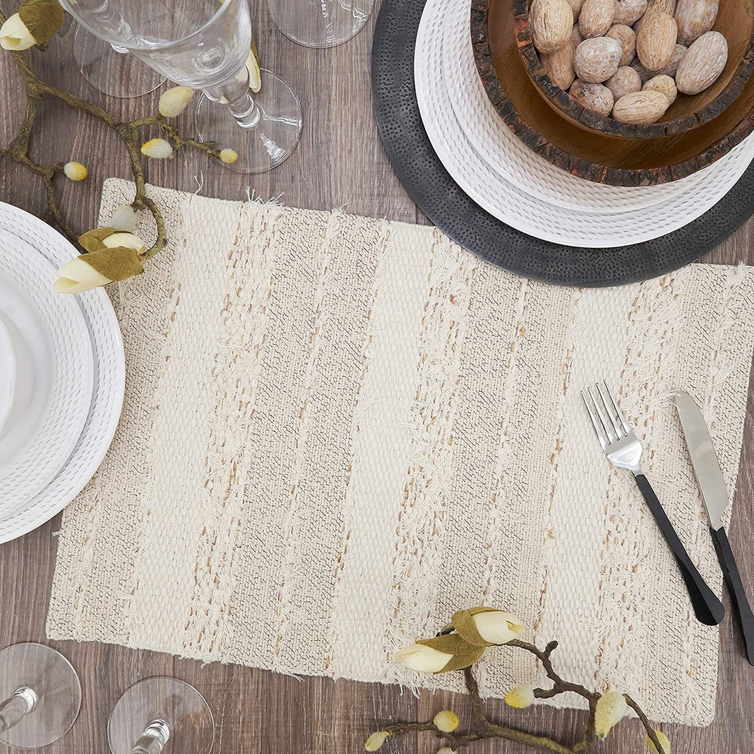 Placemats Fringe Stripe Design (Set 4) Off White Oblong Cotton - Diamond Home USA