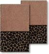 Turkish Cotton Cheetah Jacquard Trim Latte Brown 2 Piece Hand Towel Set Black Animal Border Cloth