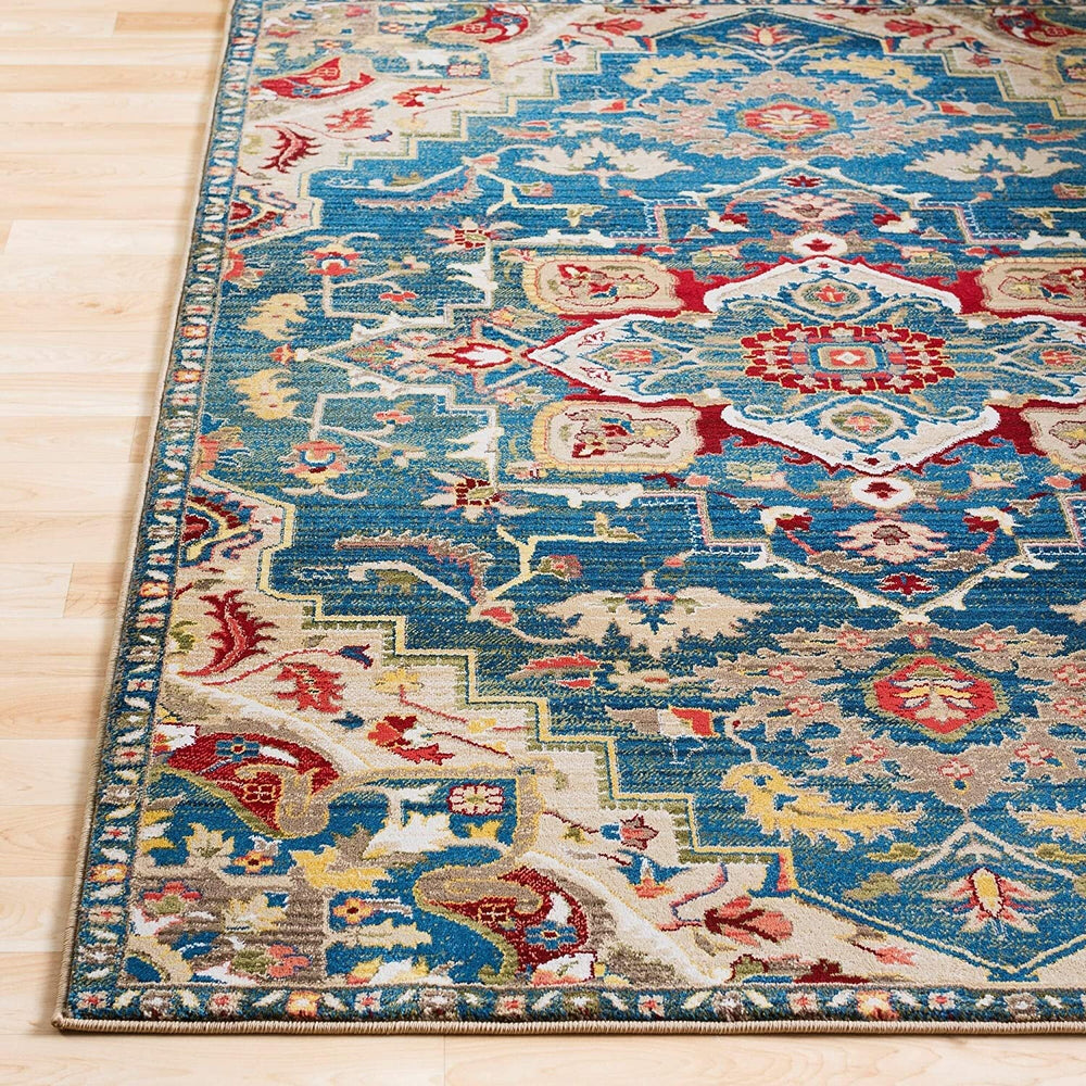 MISC Blue Red Vintage Medallion Runner 2'6" X 7'10" Polypropylene Synthetic Latex Free Pet Friendly Stain Resistant