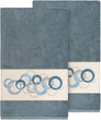 Turkish Cotton Circles Embroidered Teal Blue 2 Piece Bath Towel Set Terry Cloth