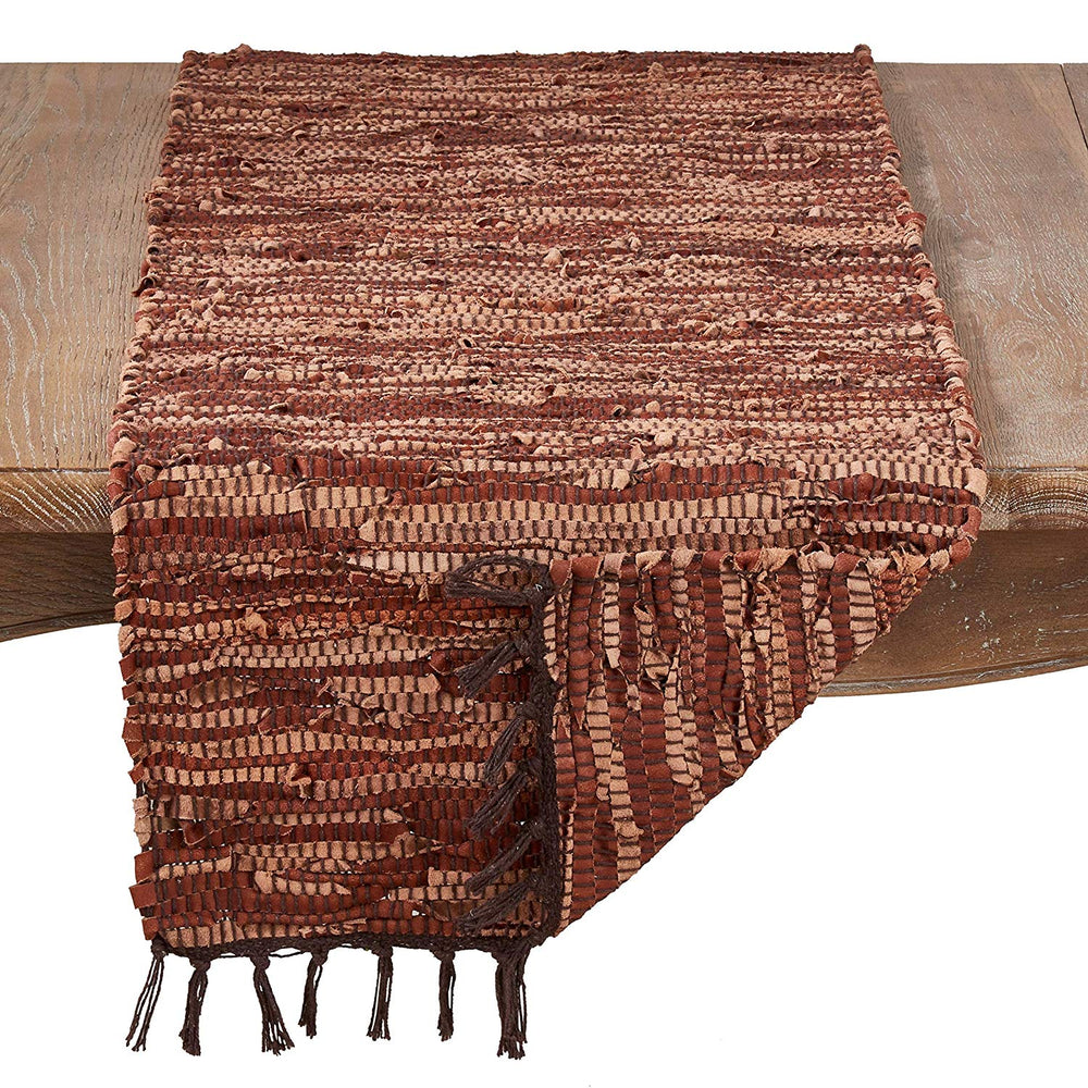 Leather Rag Table Runner Tassels Rust Brown Striped Hide Rags Fringed Long Chindi Dining Table Runners Cloth Protector Rustic Farmhouse Cottage