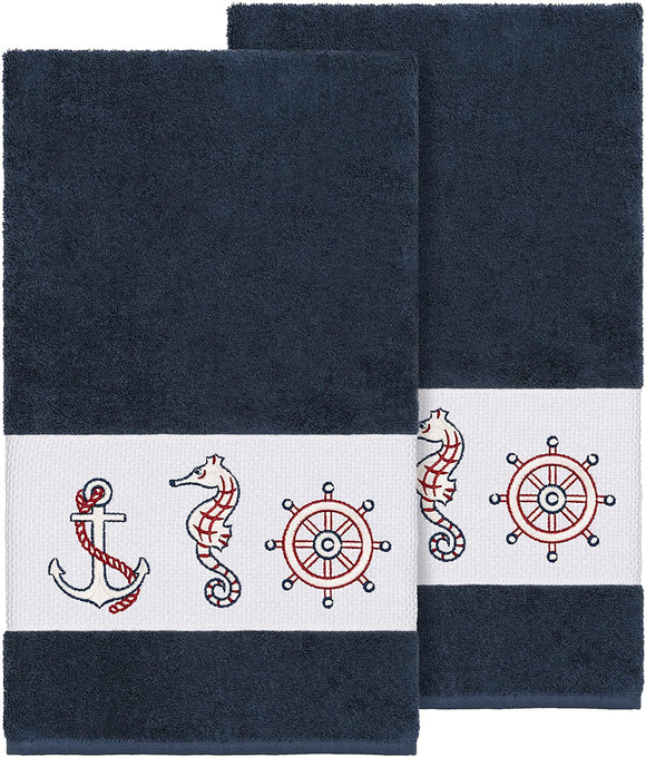 Turkish Cotton Nautical Embroidered Midnight Blue 2 Piece Bath Towel Set Terry Cloth
