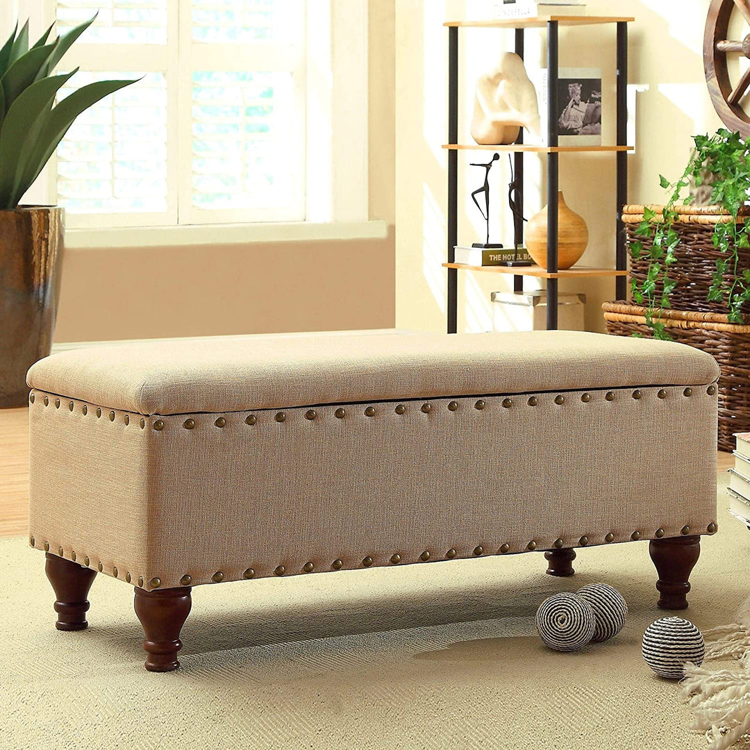 Upholstered Storage Bench Nailhead Trim Tan Solid Modern Contemporary Fabric Wood Cherry Finish Nailheads