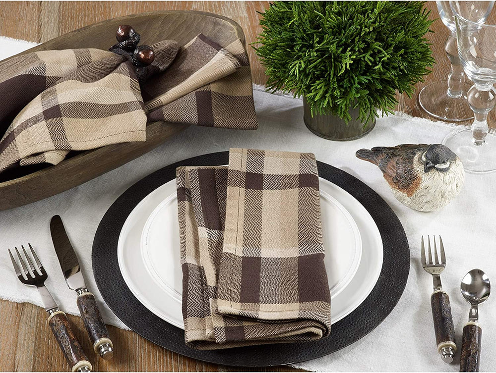 Brown Plaid Design Cotton Napkins (Set 4) Modern Contemporary Square