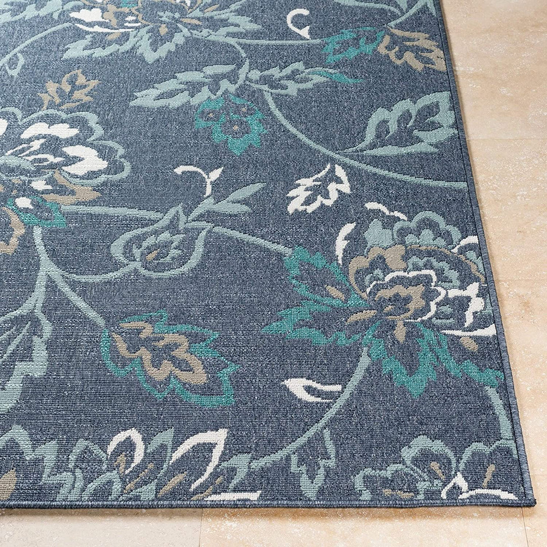 Floral Indoor/Outdoor Area Rug Blue Botanical Transitional Rectangle Polypropylene Latex Free