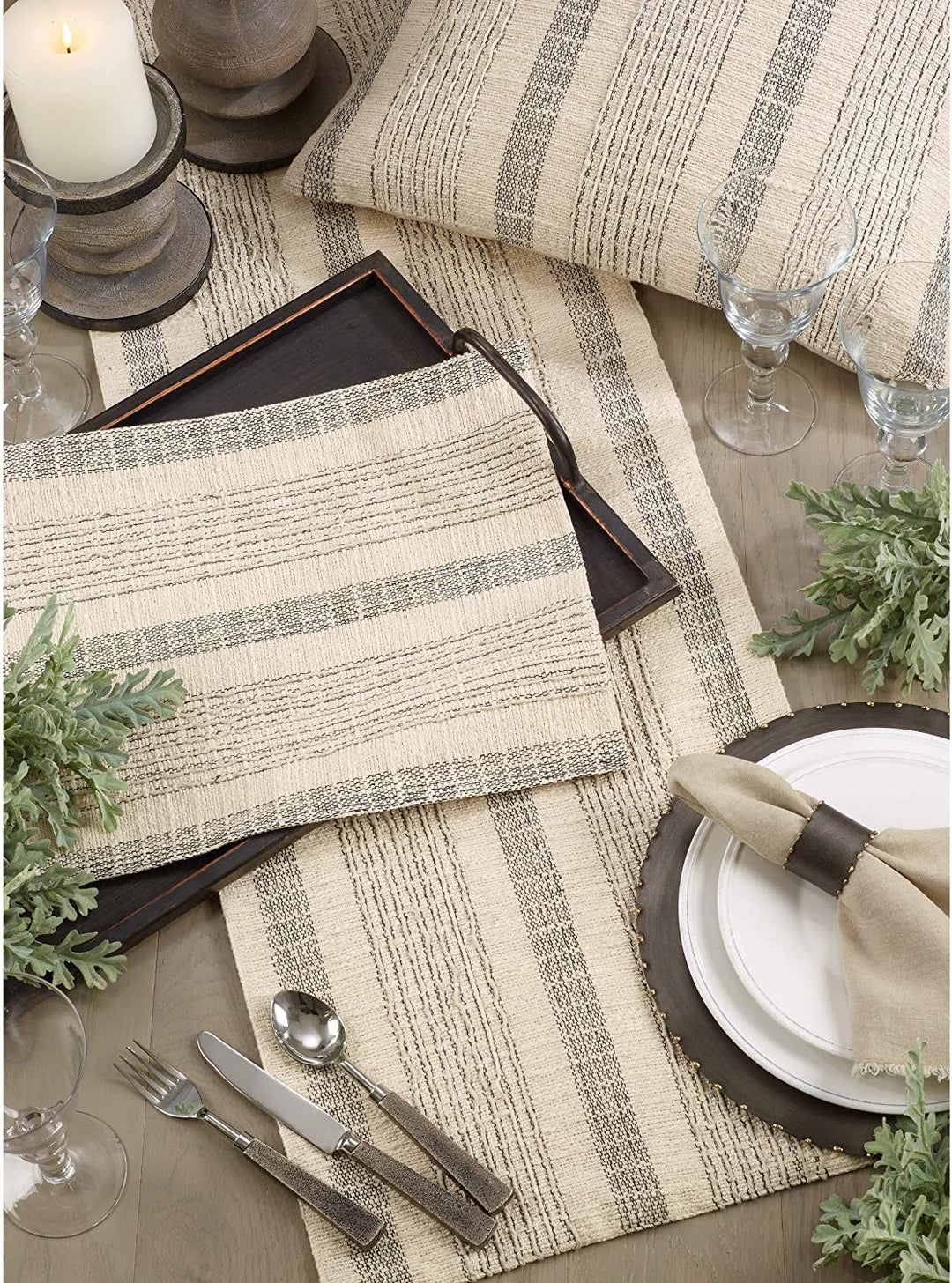 Striped Woven Cotton Table Runner Cream