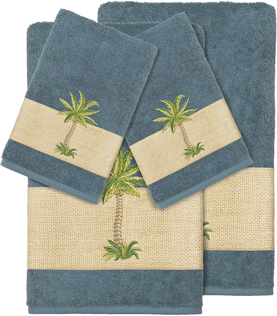 UKN Turkish Cotton Palm Tree Embroidered Teal 4 Piece Towel Set Blue Color Block
