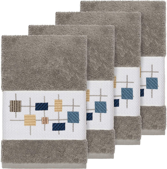Turkish Cotton Squares Embroidered Dark Grey 4 Piece Hand Towel Set Cloth