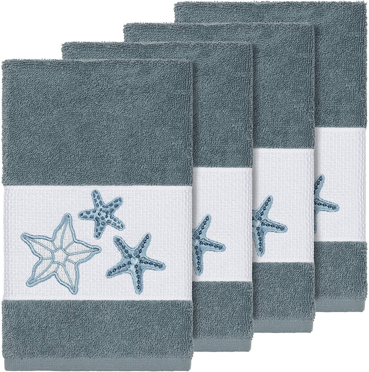 Teal Blue Turkish Cotton Starfish Embroidered Hand Towels