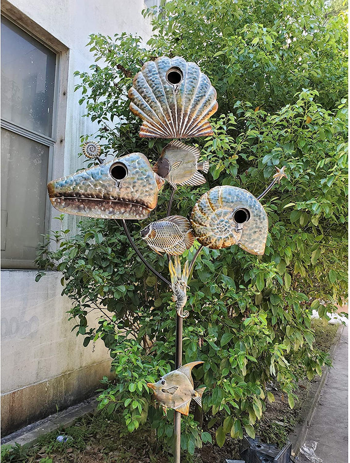 Coastal Birdhouse Stake Seashells Grey