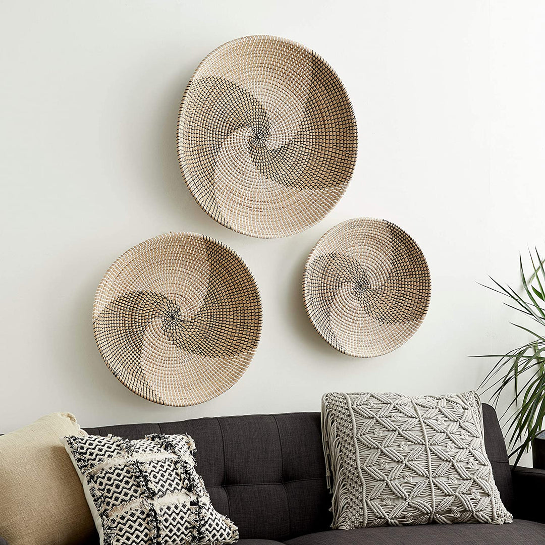 Round Black White Swirl Natural Seagrass Wall Trays Set 3 28 5" 23 5" 20" Tan Transitional Fiber - Diamond Home USA