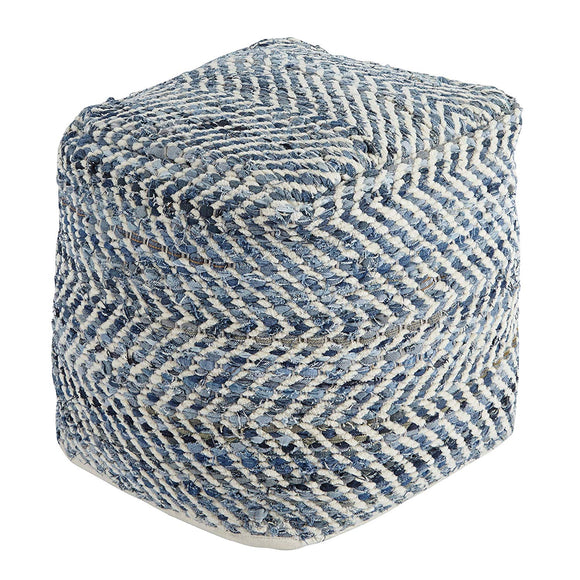 Blue Ottoman Handmade Denim Weaved Rows Square Pouf Beads Fill Modern White Chevron Weave Cube Footstool Sitting Area Cottage Living Room Durable