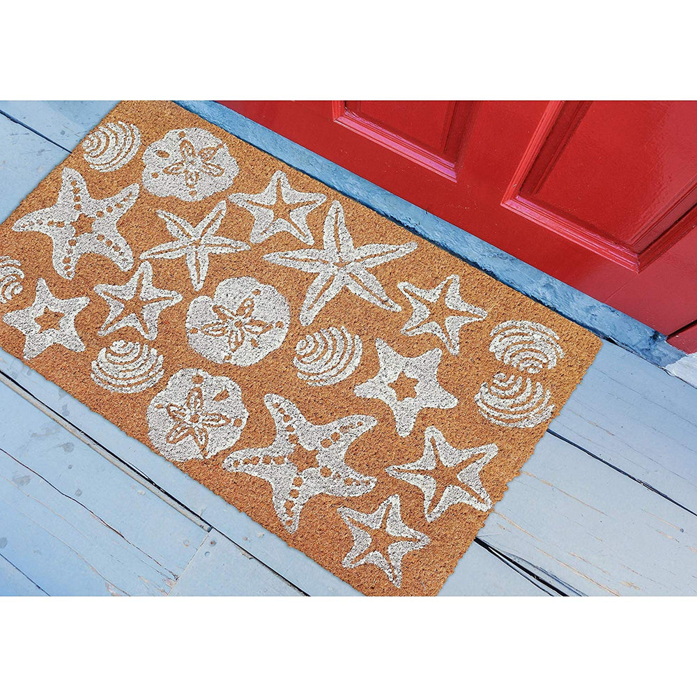 Sea Shells Doormat Welcome Sign White Seashells Starfish Coastal Beach Design Front Door Mat Star Fish Nautical Ocean Themed Rug Durable Entryway