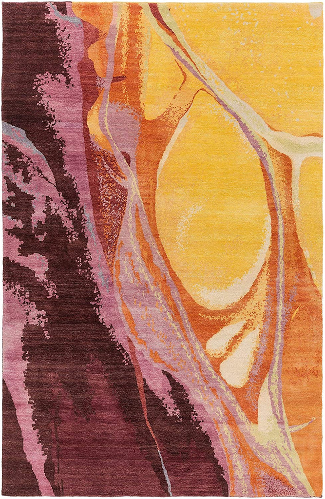 Hand Knotted Wool Area Rug 2' X 3' Purple Yellow Abstract Modern Contemporary Latex Free Handmade
