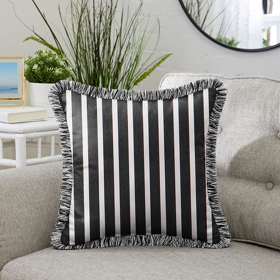 Shore Classic Indoor/Outdoor Square Pillow Fringe Black White Striped Transitional Fabric Fade Resistant Uv - Diamond Home USA