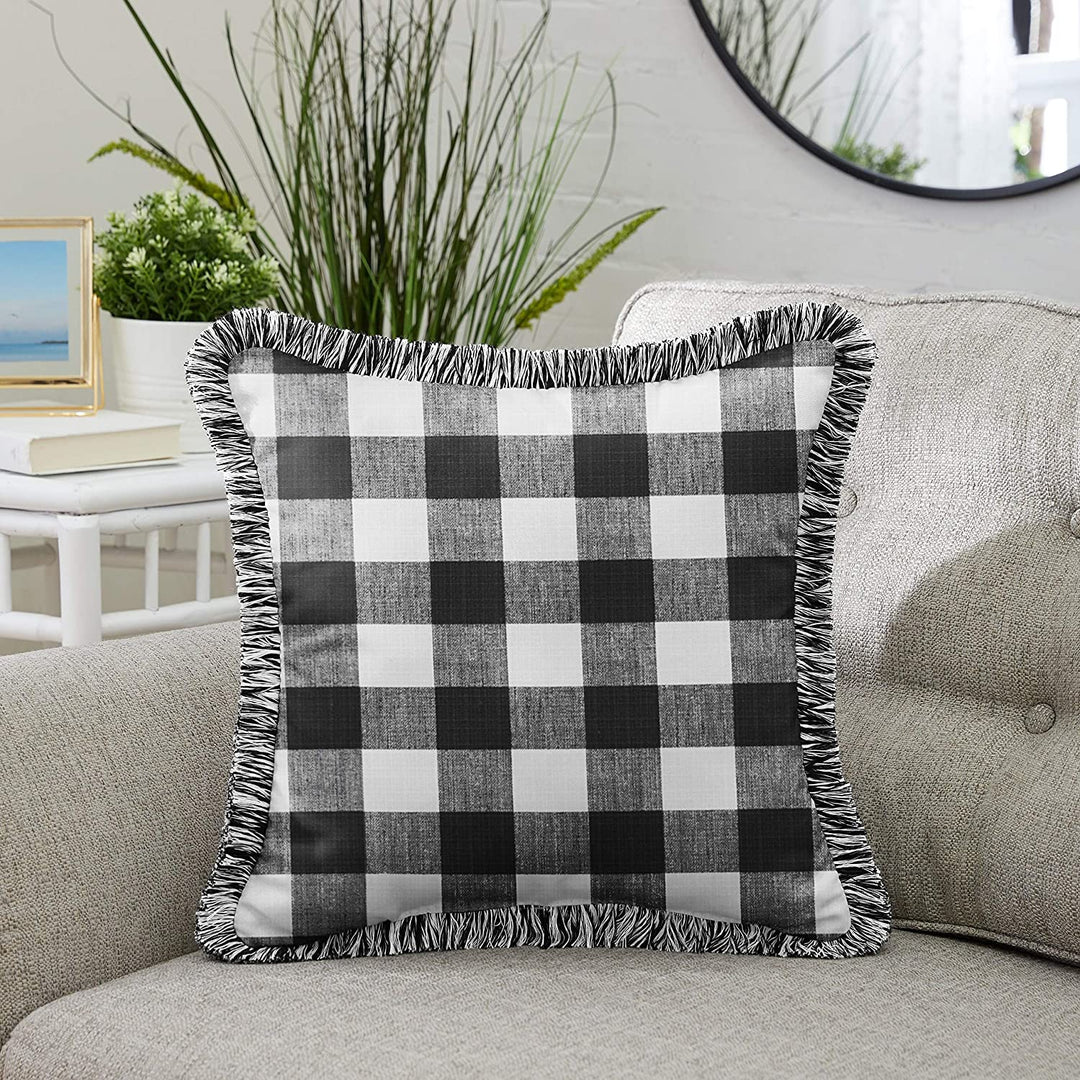 Black Plaid Indoor/Outdoor Square Pillow Fringe White Transitional Fabric Polyester Fade Resistant Uv - Diamond Home USA