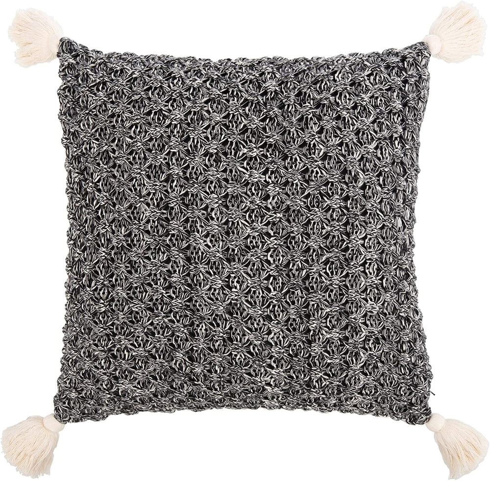 20" Knit Tassel Pillow Beige Black Textured Modern Contemporary Cotton Single