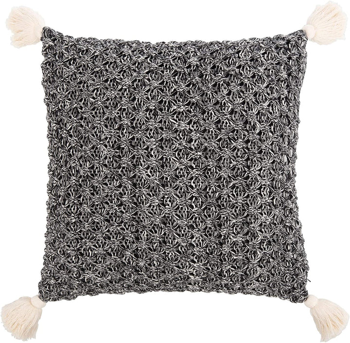 20" Knit Tassel Pillow Beige Black Textured Modern Contemporary Cotton Single