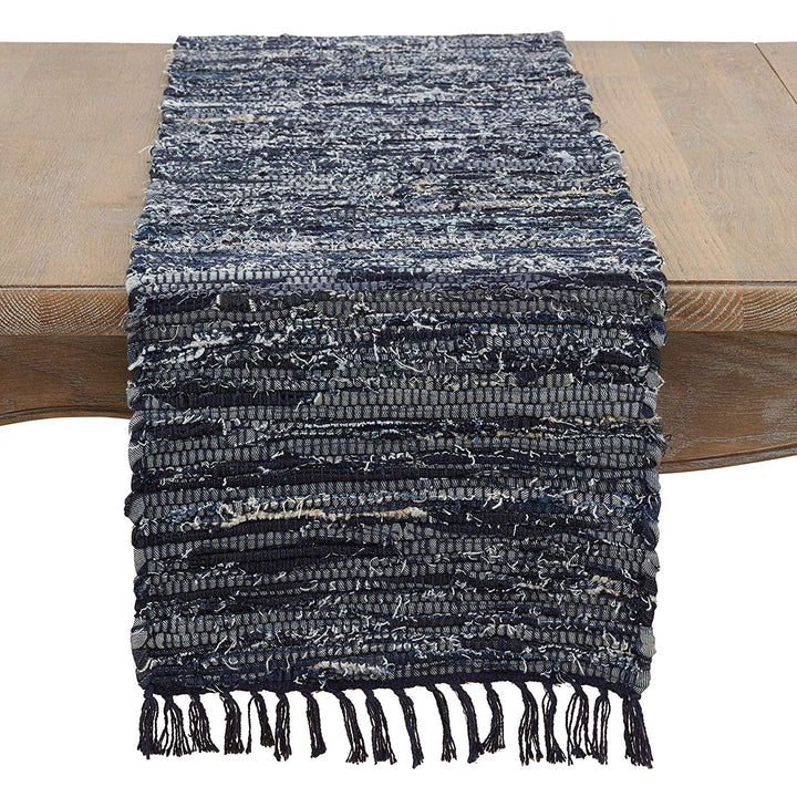 Rag Table Runner Tassels Dark Blue Denim Striped Cotton Rags