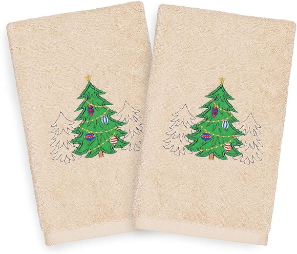 Turkish Cotton Christmas Trees Beige Set 2 Hand Towels Brown Green Terry Cloth Embroidered