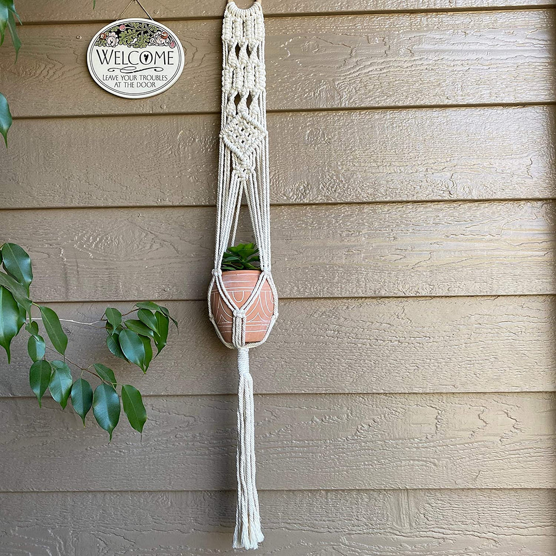 40" l Macrame Plant Hanger White Mid Century Modern Round Ceramic Handmade - Diamond Home USA