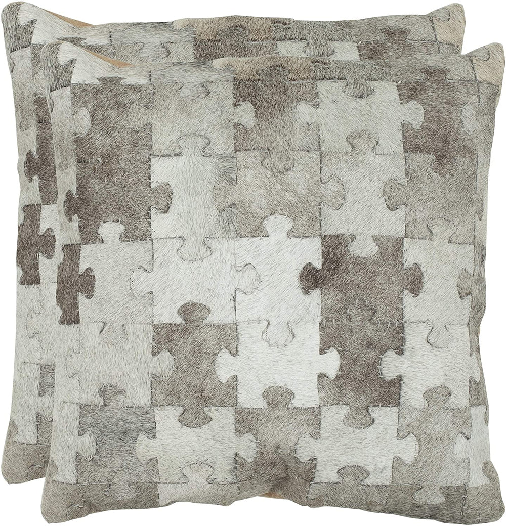 Cowhide Mason Puzzle 18 inch Grey Decorative Pillows (Set 2) Color Animal Geometric Casual Suede Two - Diamond Home USA