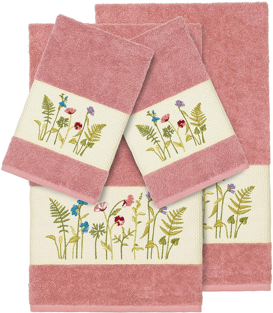 UKN Rose Turkish Cotton Wildflowers Embroidered 4 Piece Towel Set Pink