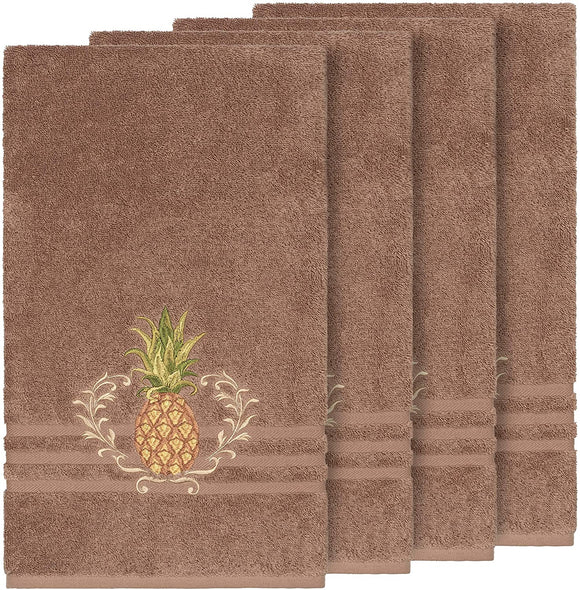 Turkish Cotton Pineapple Embroidered Latte Brown 4 Piece Bath Towel Set Cloth