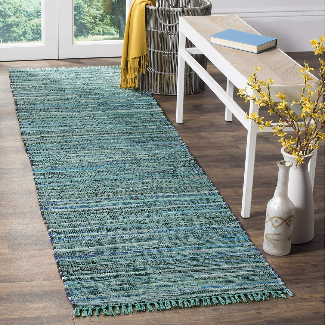 Rag Rug Runner Tassels Teal Turquoise Rags Weave Floor Mat