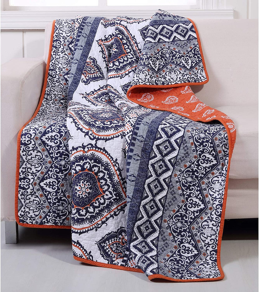 Saffron Quilted Cotton Throw Blue Orange White Damask Paisley Bohemian Eclectic - Diamond Home USA