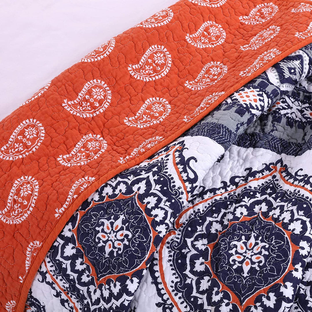 Saffron Quilted Cotton Throw Blue Orange White Damask Paisley Bohemian Eclectic - Diamond Home USA