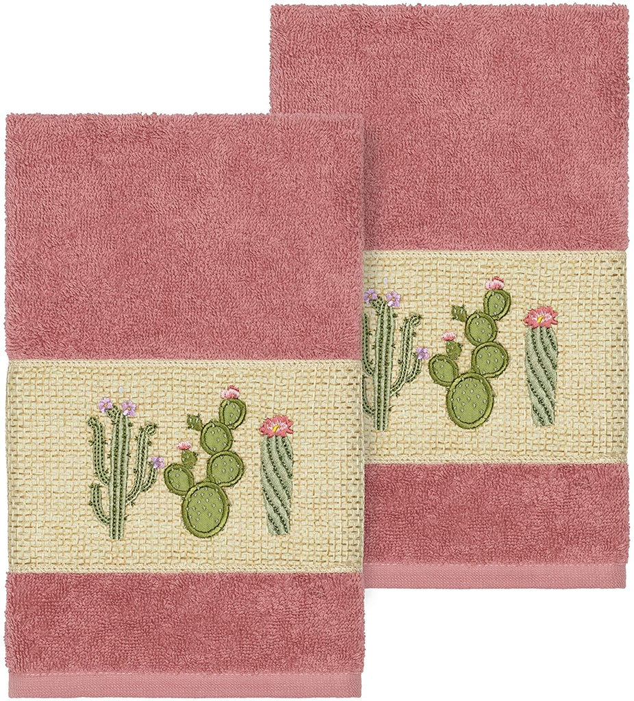 Turkish Cotton Cactus Embroidered Tea Rose 2 Piece Towel Hand Set Pink Terry Cloth