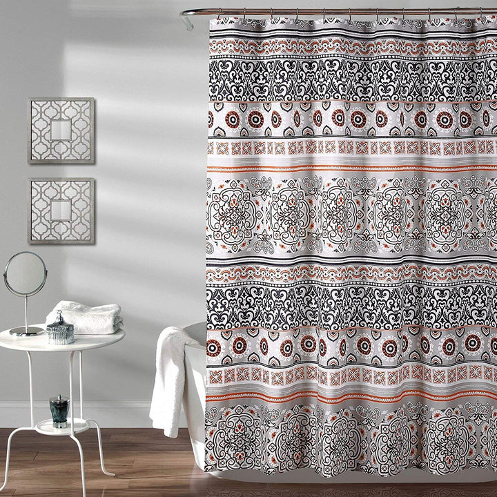 Bohemian Striped Shower Curtain Grey Orange Medallion Stripe