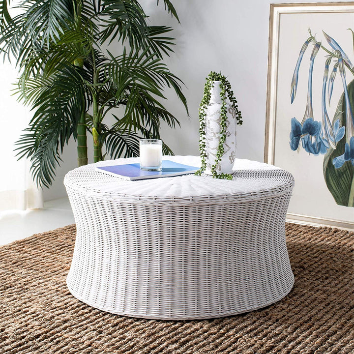 Round Wicker Ottoman White Large Rattan Coffee Table Rounded