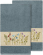 Teal Blue Turkish Cotton Wildflowers Embroidered Bath Towels (Set 2)