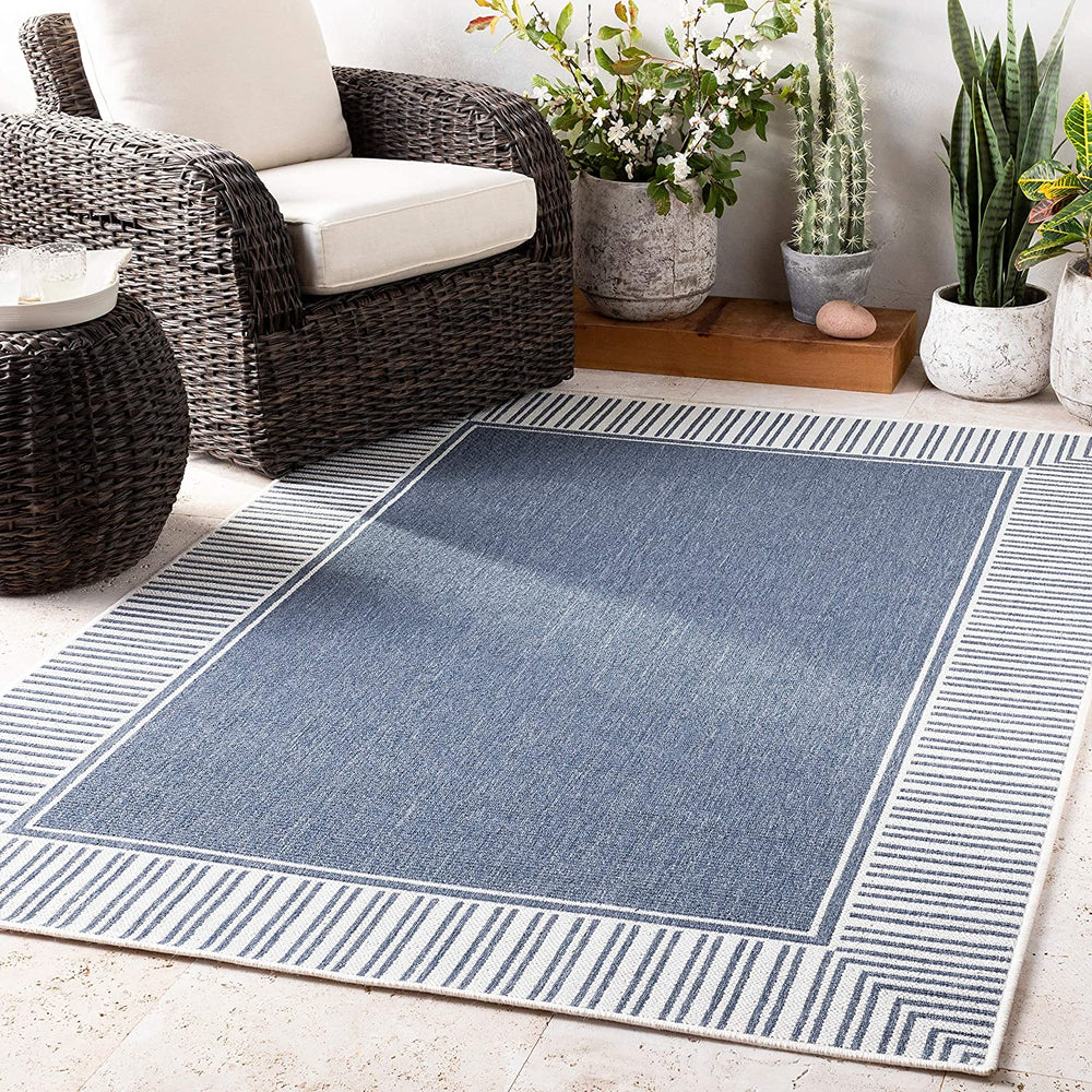 Border Indoor/Outdoor Area Rug 5'3" Round Blue White Transitional Olefin Latex Free Pet Friendly Stain Resistant - Diamond Home USA