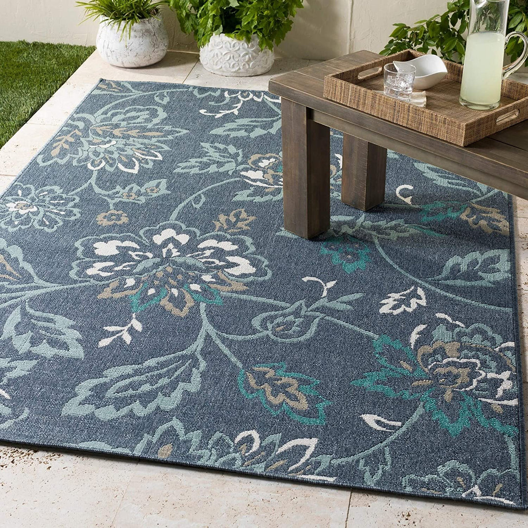 Navy Floral Indoor/Outdoor Area Rug 5'3" Round Blue