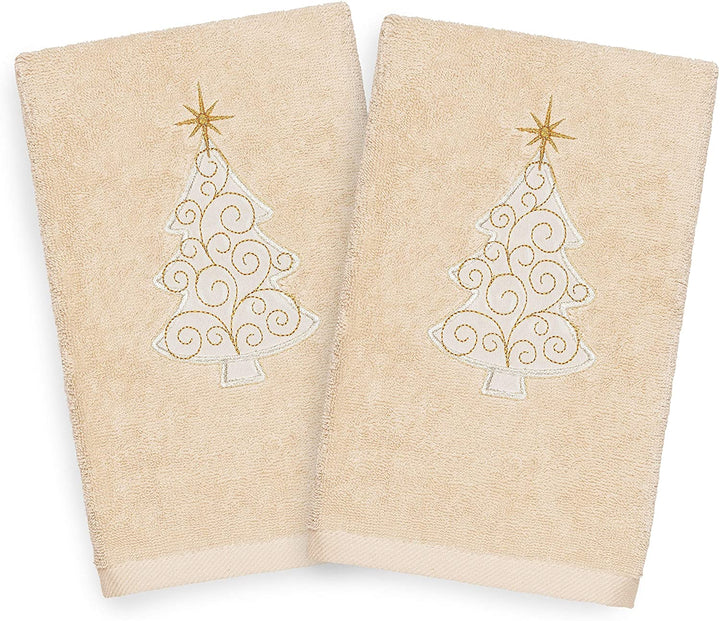 Turkish Cotton Christmas Scroll Tree Beige Set 2 Hand Towels