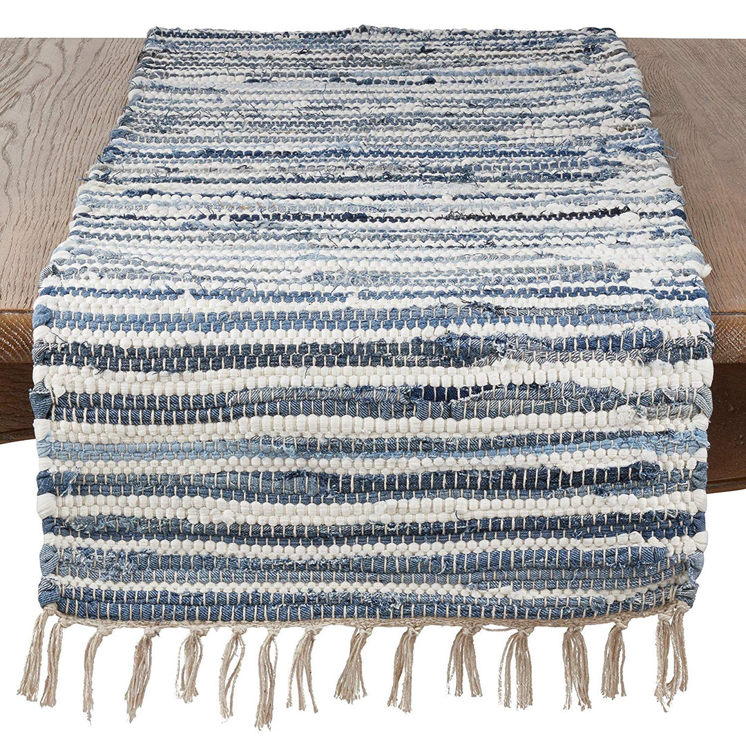 Table Runner Tassels Denim Blue White Striped Cotton