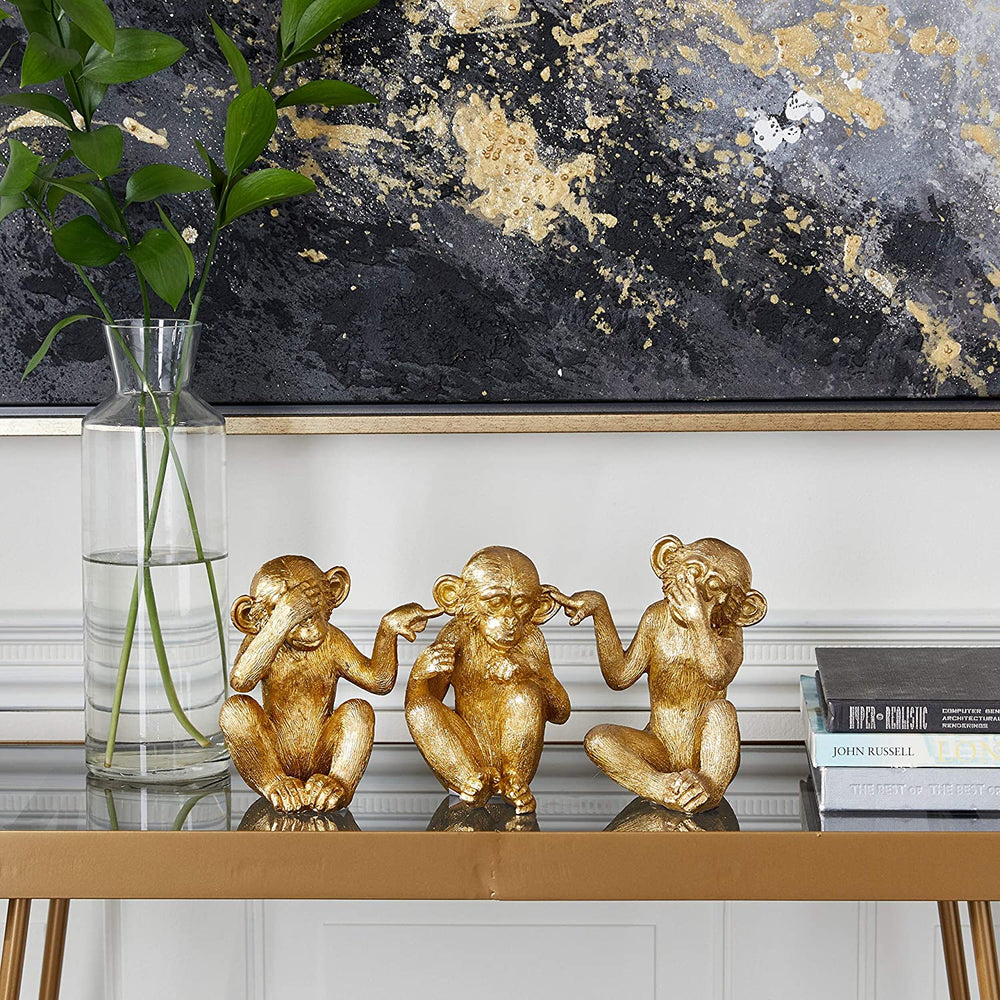 Small Gold Resin Playful Monkey Sculptures Set 3 4 X 6 - Diamond Home USA