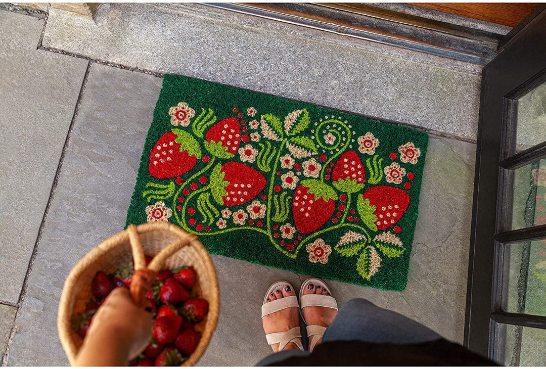 MISC Strawberry Vines Handwoven Coconut Fiber Doormat 18 X 30 Green Transitional Rectangle Coir All Weather