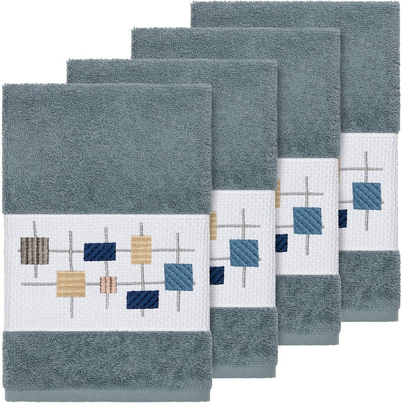 Turkish Cotton Squares Embroidered Teal Blue 4 Piece Hand Towel Set Cloth