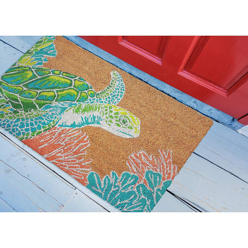 Giant Seaturtle Doormat Teal Coral Blue Green Seaturtle Ocean Life Design Front Door Mat Sea Turtle Nautical Beach Themed Rug Adorable Outdoor Carpet