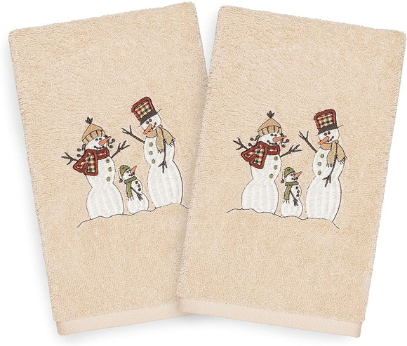 Turkish Cotton Snowmen Beige Set 2 Hand Towels Brown Terry Cloth Embroidered